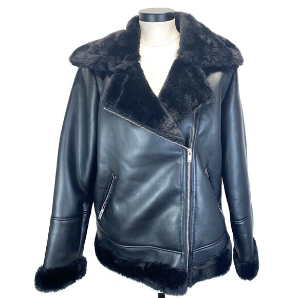 Mark Alan Jackets & Blazers - Mark Alan Women's Size L Black Faux Leather Plush Fur Lined Moto Zip Up Jacket